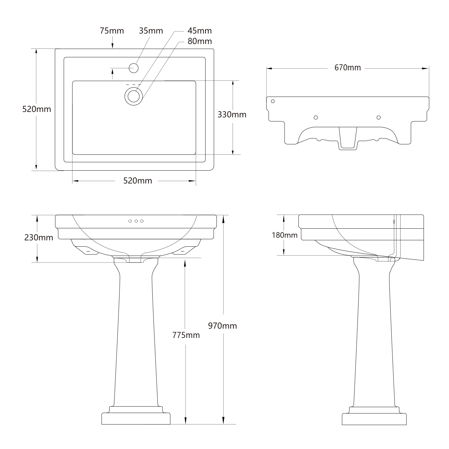 dimension figure of white ceramic pedestal sink mb-2072